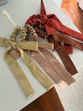 Anthropologie Satin Bow Scrunchie Set in Beige, Tan, Brown, Rust